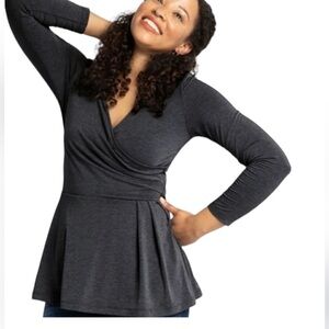 Betabrand Faux Wrap Style Peplum Top in Charcoal Gray Size XL. Side Pocket.